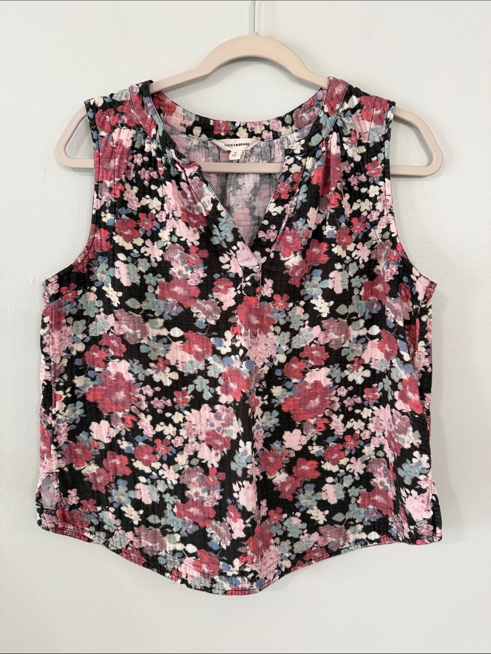 Lucky Brand Black Floral V-Neck Tank with Pink & Red Blossoms